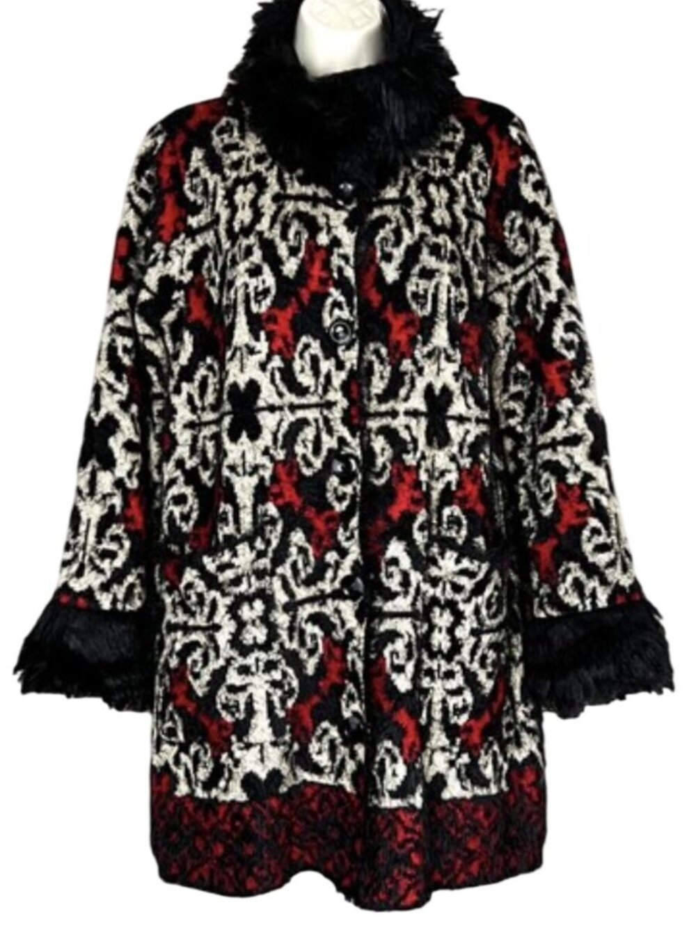 Black Rivet Womens Festival Coat Faux Fur Collar Cuffs  Red/Black Whimsygoth L